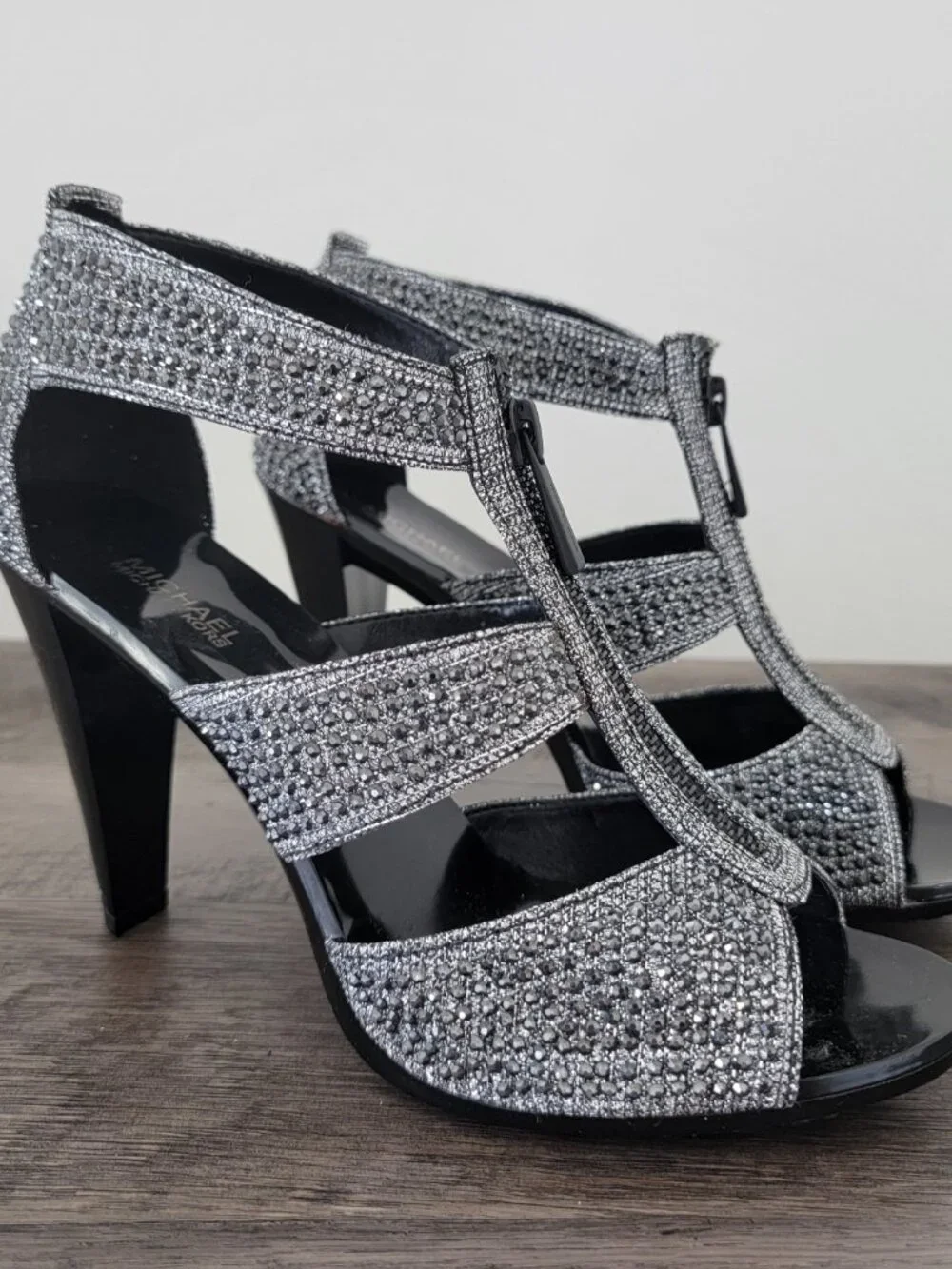 Michael Kors Berkley T-Strap Silver Glitter Rhinestone Caged Heels